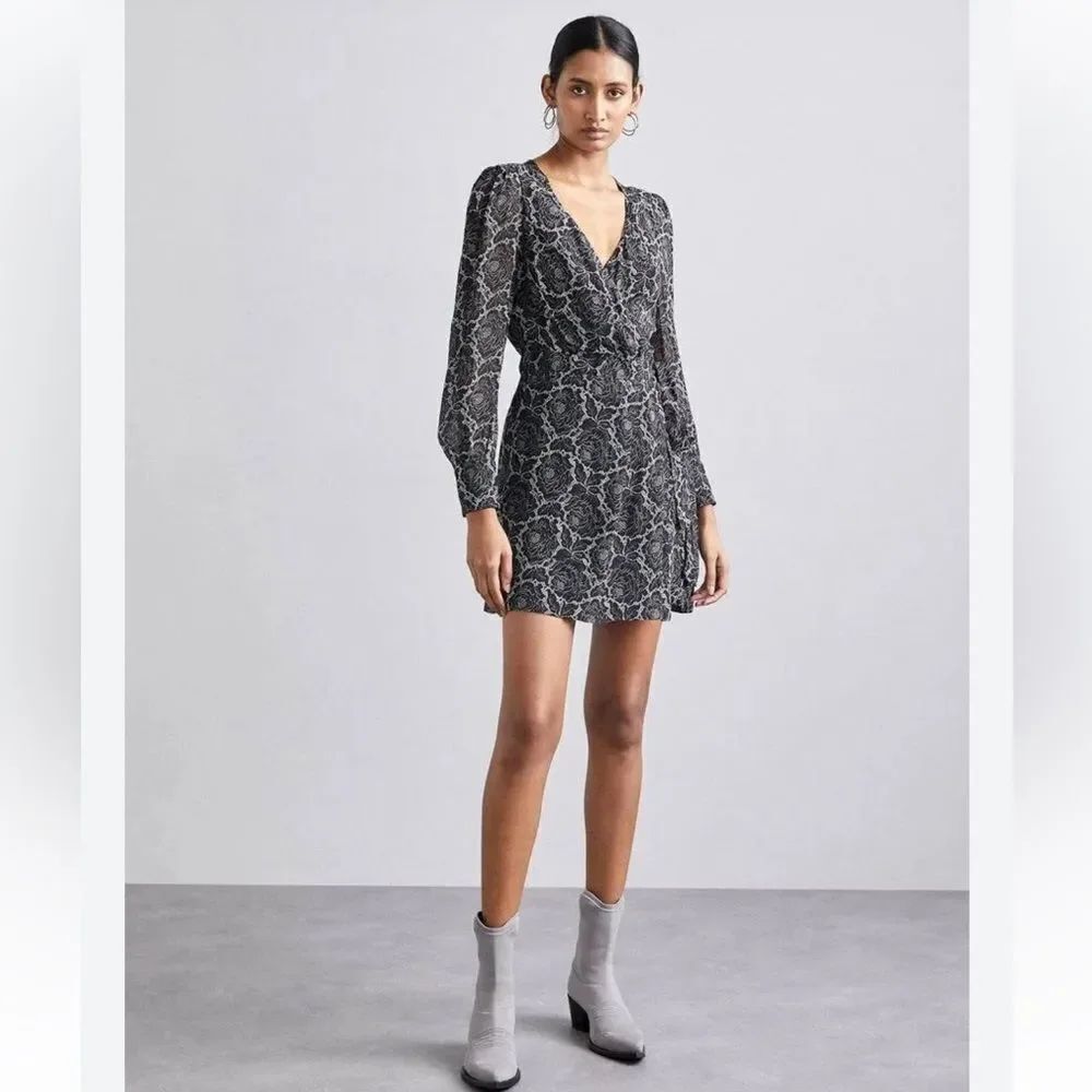 $385 The Kooples NEW Lace Roses Wrap Dress in Black/White Size FR 0/US XS